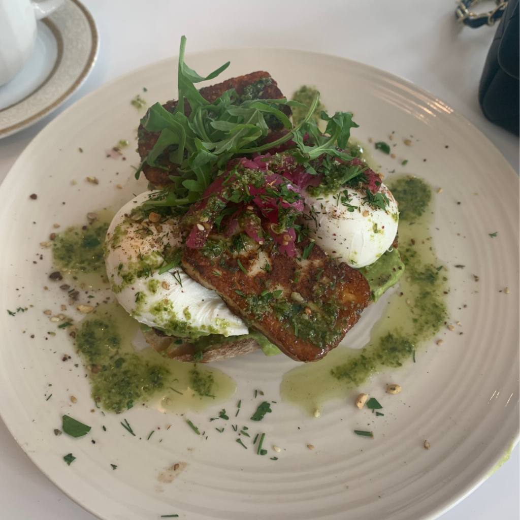 Poached eggs and halloumi on a plate